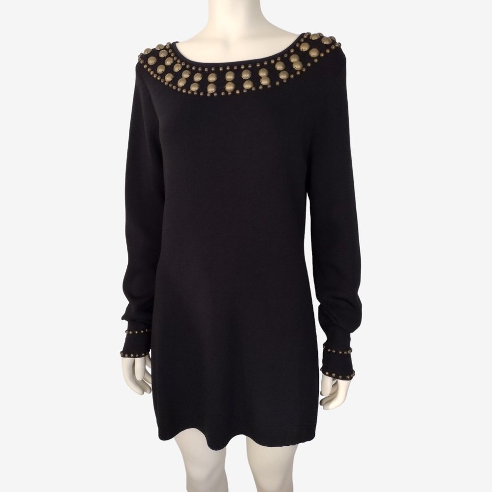 Grace Black Boat Neck Long Sleeved Beaded Fitted Stretch Knit Mini Dress - Picture 4 of 11
